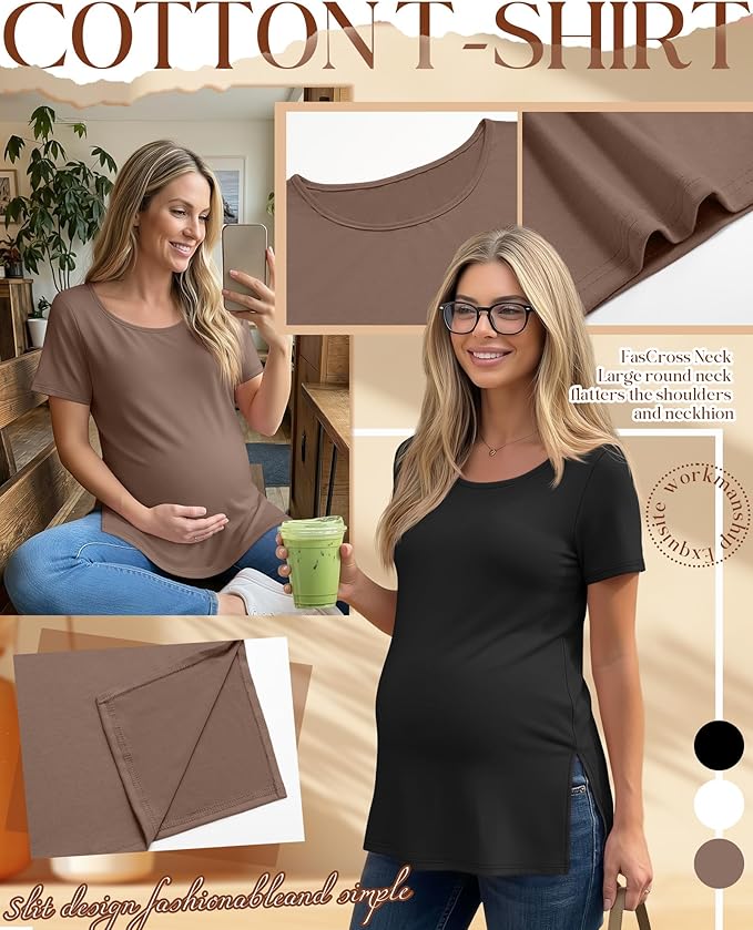 3 Pack Women's Maternity Shirts Short Sleeve Round Neck Side Split Pregnancy Tops Loose Summer Casual Mama Clothes