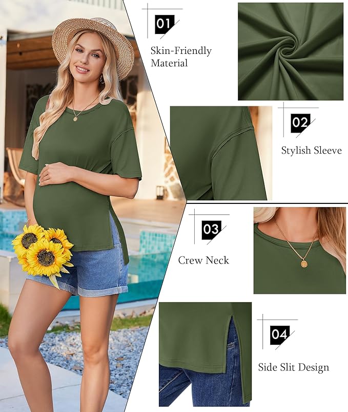 Ekouaer Maternity Shirts 3 Packs Short Sleeve Womens Oversized Pregnancy Tops Split Side Postpartum Blouse Clothes S-XXL