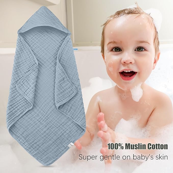 2 Pack Hooded Baby Towels - 100% Muslin Cotton for Newborns, Infants, Toddlers - Large 32x32 Inch Size - Highly Absorbent and Essential for Newborn Care, Light Navy