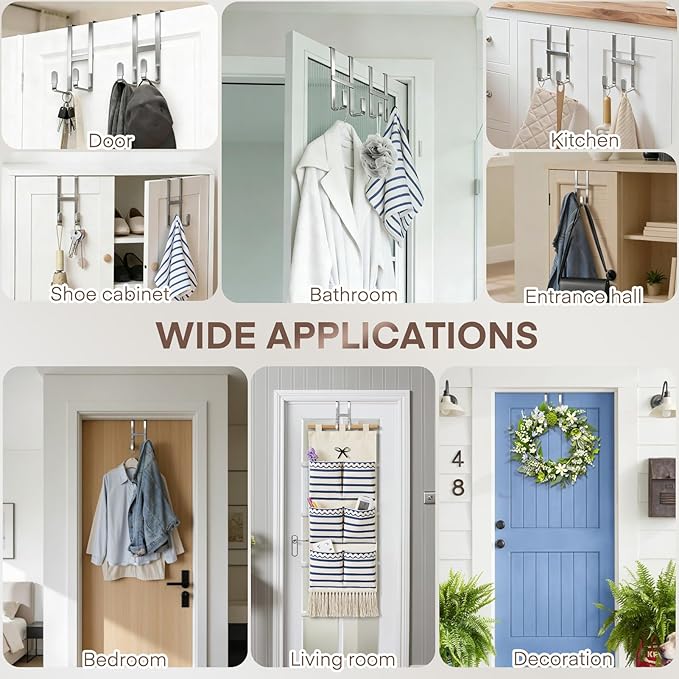 FYY 2 Packs Over The Door Hooks, Dual-Sided Door Hanger Hook, Heavy Duty No Drill Wall Hooks for Hanging Coats, Towels, Bags, Kitchen Closet Fits Most Doors Up to 1-7/8" Thickness (Silver)