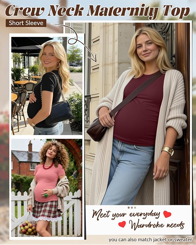 Huukeay 4 Pack Women's Maternity Shirts, Crew Neck Maternity Top Short Sleeve Casual Cotton Tee Side Ruched Pregnancy Clothes