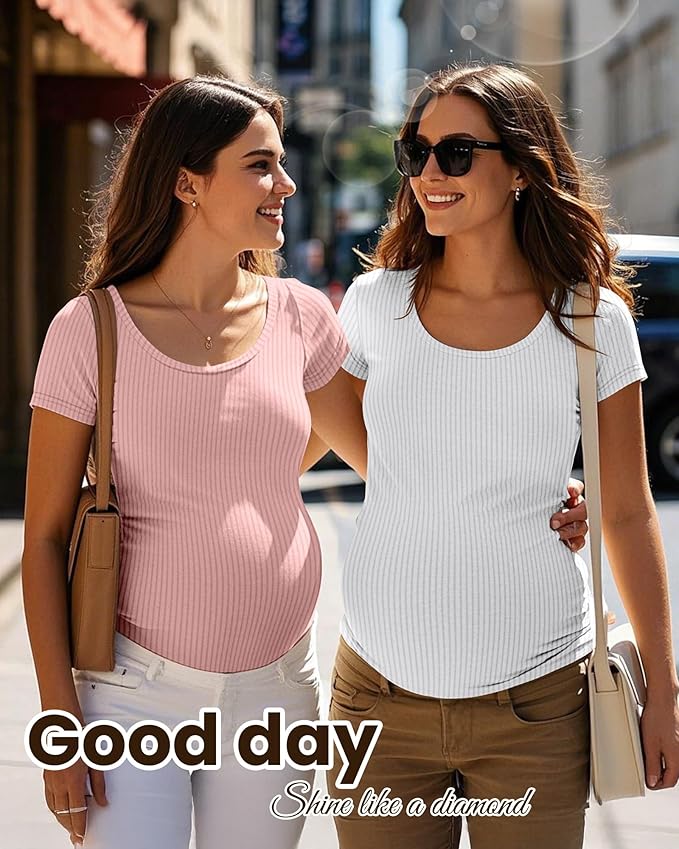 Neer 3 Pack Women's Ribbed Maternity Tops Pregnancy Round Neck Shirts Short Sleeve Soft Maternity Clothes for Mama