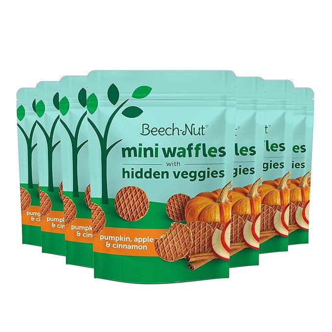 Beech-Nut Toddler Snacks, Mini Waffles with Hidden Veggies, Pumpkin Apple Cinnamon, Non-GMO, 3.2 oz Bag (7 Pack)