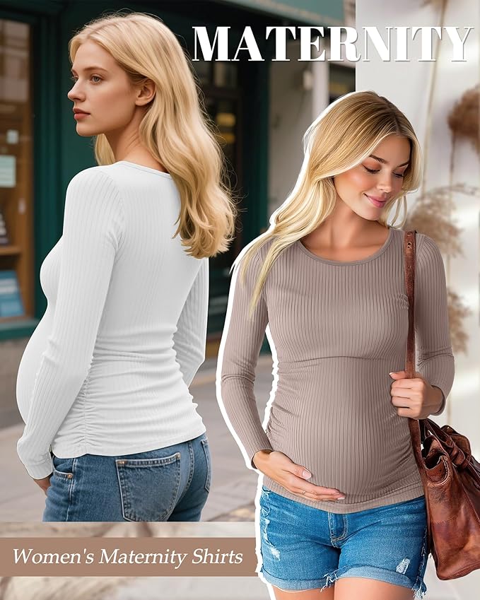 Huukeay 4 Pack Women's Maternity Shirts, Long Sleeve Cotton Ribbed Pregnancy Tops Side Ruched Crew Neck Casual Mama Clothes