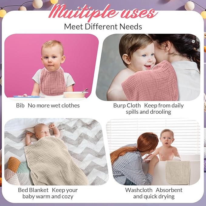 6 Pcs Muslin Hooded Bath Towels Washcloths and Bibs Set, Muslin Cotton Baby Towels Absorbent Hooded Blanket Towel Infant Bibs for Boys Girls Newborn Infant Essential(Pink, Brown)