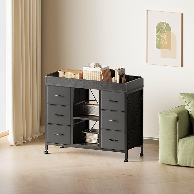 Changing Table, 6-Drawer Baby Dresser with Changing Table top,Waterproof Diaper Changing Station & Pad, 2 Height-Adjustable Open Storage Shelves, Mobile Nursery Organizer, Black