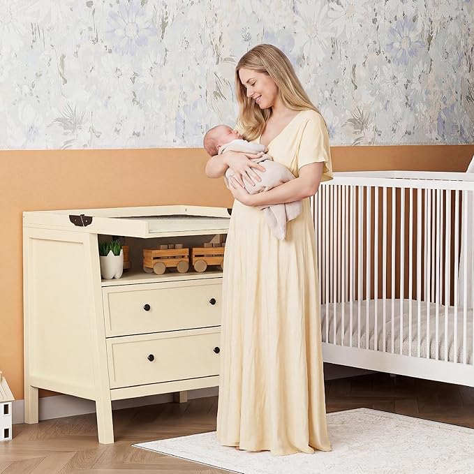 UbabyNest Baby Changing Table with Foldable Tabletop, Baby Dresser with 2 Wide Drawers & Open Storage Space, Modern Diaper Changing Station, Perfect for Nursery, Beige (Pad Not Included)