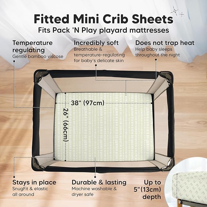 Pack and Play Sheets Fitted - 2-Pack Mini Crib Sheets for Pack N Play Mattress 38x26, Soft & Cozy, Neutral Toddler Playard Bedding, Snug Fitted Mini Baby Crib Mattress Cover Boy, Girl (Fleur)