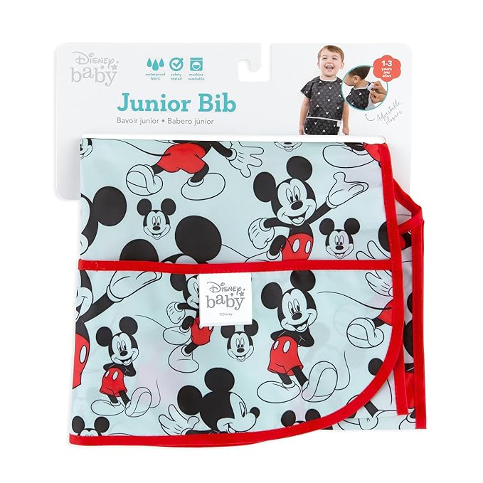 Bumkins Disney Short Sleeve Bib for Girl or Boy, Toddler and Kids for 1-3 Years, Large Size, Essential Must Have for Junior Children, Eating, Mess Saving Soft Fabric Apron for Play, Mickey Mouse