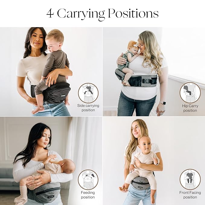 Tushbaby Original Hip Seat Baby Carrier for Babies & Toddlers up to 45 lbs, Safety Certified, Lightweight No-Foam Design with Storage & Nursing Support, Grey
