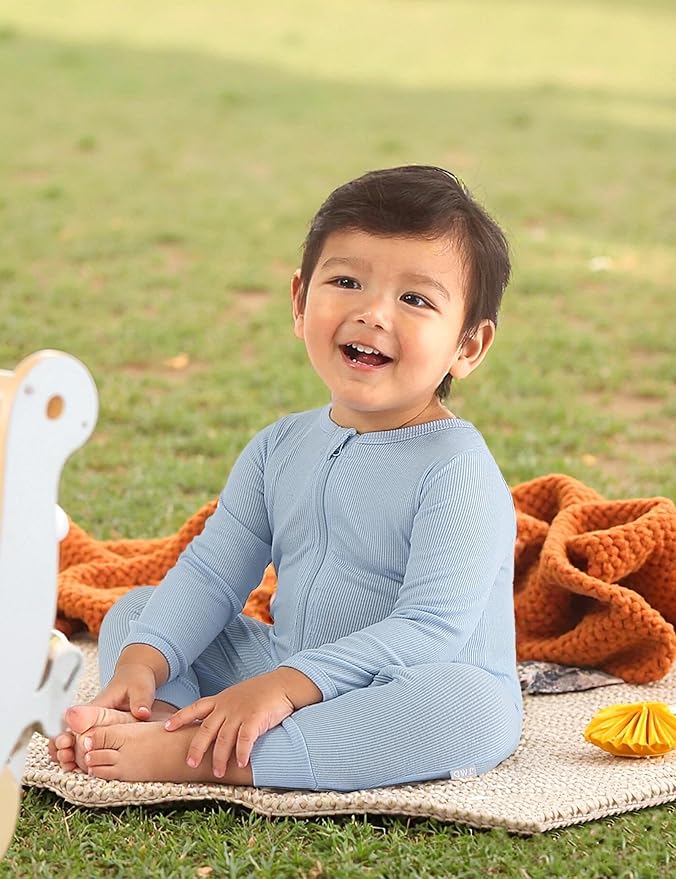 Jimonda Ribbed Rayon From Bamboo Baby Boys/Girls Sleepers, 2-Way Zipper Long Sleeve Footless Pajamas With Mittens Soft Pjs