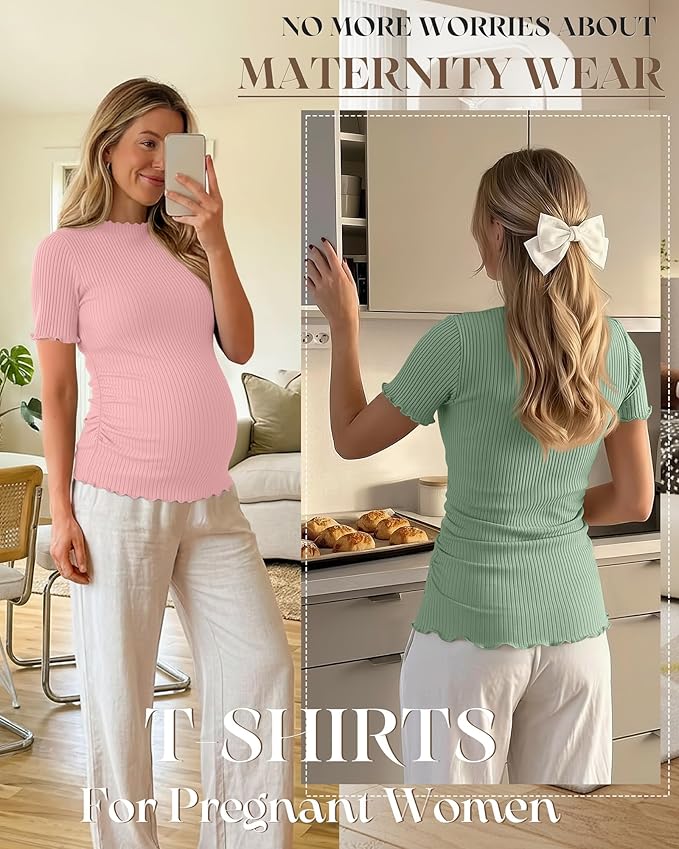 3 Pack Women's Maternity Tops Short Sleeve Ribbed Knit Maternity Shirts Crew Neck Side Ruched Pregnancy Clothes