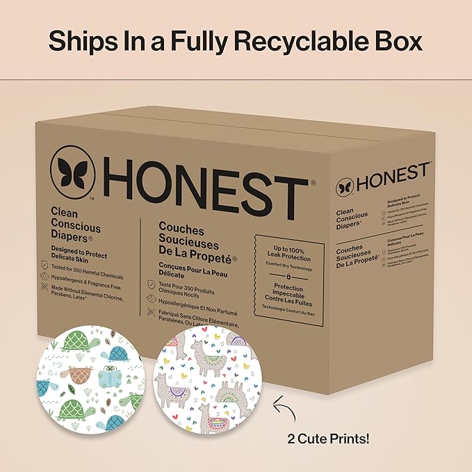 The Honest Company Comfort Dry Disposable Diapers for Sensitive Skin, Hypoallergenic, All The Alpacas + Turtle Time, Super Club Box Size 1 (8–14 lbs), 136 Count
