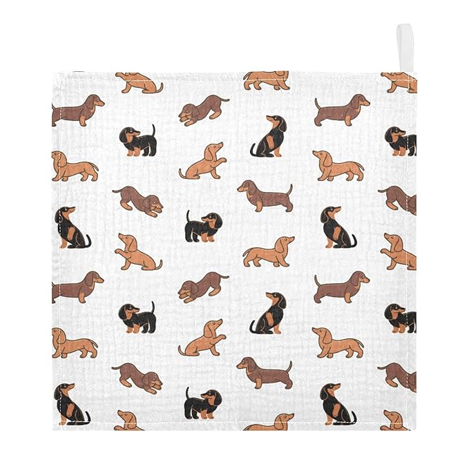 YETTASBIN Dachshund Dog Muslin Baby Hand Washcloths, Soft Cotton Bath Face Towel, 4 Layers Extra Absorbent Feeding Burp Cloth for Newborn Infant, 5 Pack