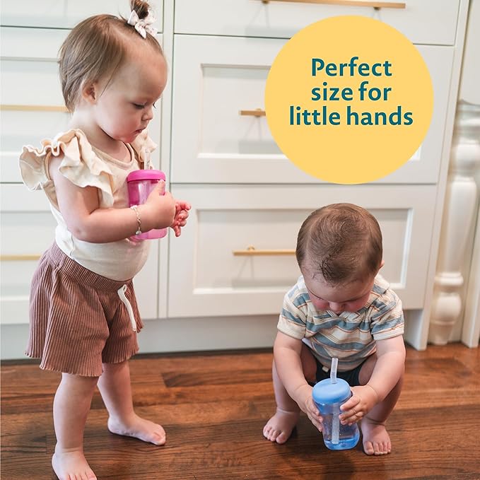 The First Years Squeeze & Sip Toddler Straw Cups - Squeezable Transition Sippy Cup with Silicone Straw - Toddler Feeding Supplies - Blue/Yelllow/Red - 7 Oz - 3 Count - Ages 6 Months and Up