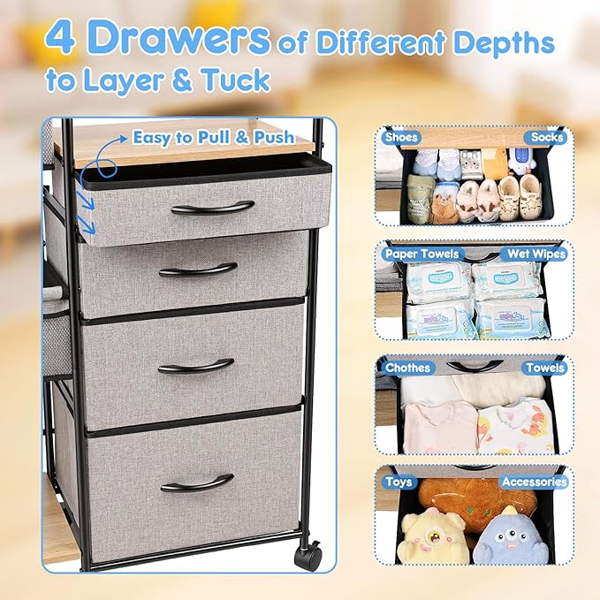 Fabuday Baby Diaper Caddy Organizer Cart - 4 Tier Rolling Diaper Cart with Wheels, Baby Essentials Organizers and Storage, Mobile Utility Carts for Bedside, Crib Nursery, Bedroom, Changing Table
