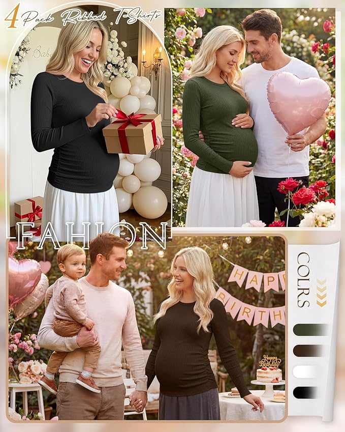 Ficerd 4 Pack Women's Maternity Shirts Cotton Long Sleeve Ribbed Crew Neck Pregnancy Tops Side Ruched Casual Mama Clothes