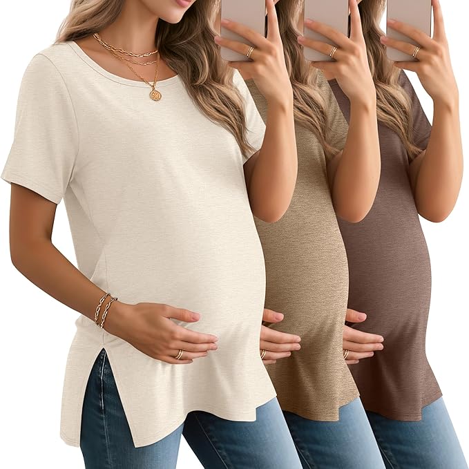 3 Pack Women's Maternity Shirts Short Sleeve Round Neck Side Split Pregnancy Tops Loose Summer Casual Mama Clothes