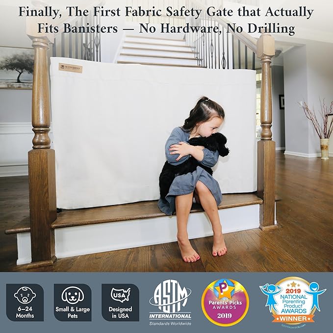 The Stair Barrier First Fabric Banister to Banister Baby Gates for Stairs 42”–52” Wide x 32” Tall– No Drill Baby Gate for Top or Bottom Staircase, Machine-Washable Climb Proof, Designed in USA, Cream