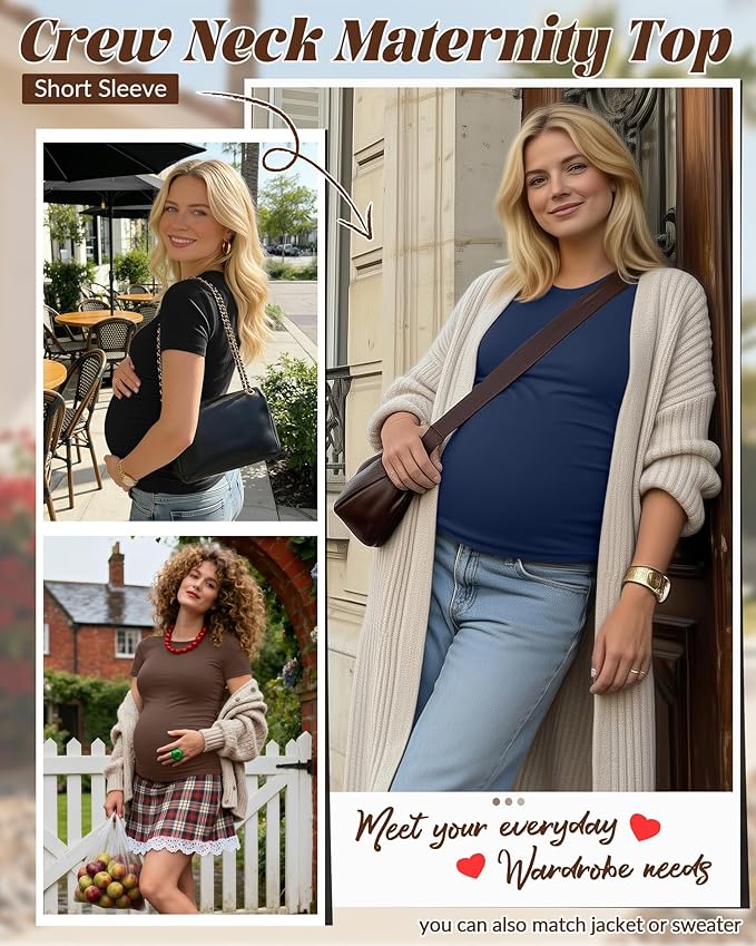 Huukeay 4 Pack Women's Maternity Shirts, Crew Neck Maternity Top Short Sleeve Casual Cotton Tee Side Ruched Pregnancy Clothes