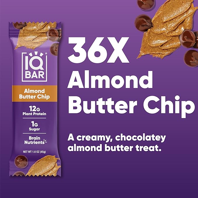 IQBAR Brain and Body Clean Plant Protein Bars - Almond Butter Chip - 36 Bars - Keto, Vegan, High Fiber, Gluten and Dairy Free, Low Sugar Snack with Nutrients for Focus, Energy, Meal Replacement