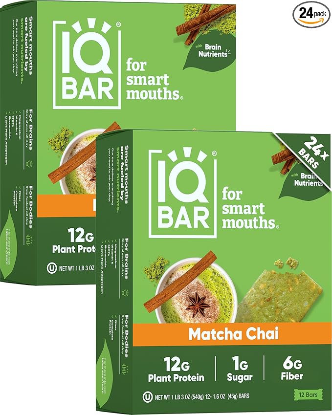 IQBAR Brain and Body Clean Plant Protein Bars - Matcha Chai - 24 Bars - Keto, Vegan, High Fiber, Gluten and Dairy Free, Low Sugar Snack with Nutrients for Focus, Energy, Meal Replacement