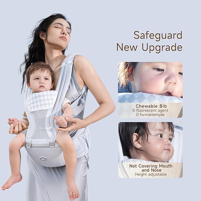 HBR Ergonomic Baby Carrier with Hip Seat, 6-in-1 Front Facing Infant & Toddler Carrier, Innovative Air-Padded Shoulder Strap, Hands-Free, Supports 45 lbs, Fits Waist up to 47in, Silver Mist White