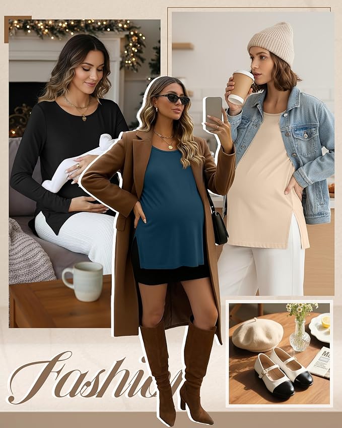 Riyiper 3 Pack Women's Maternity Long Sleeve T-Shirts Round Neck Side Split Tops Loose Casual Pregnancy Mama Clothes Fall