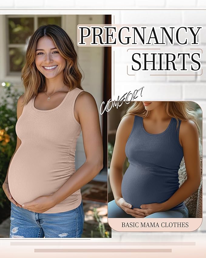 Riyiper 3 Pack Women's Maternity Tank Tops, Sleeveless Cotton Pregnancy Shirts Ribbed Knit Sides Ruched Basic Mama Clothes