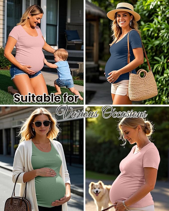 Neer 3 Pack Women's Ribbed Maternity Tops Pregnancy Round Neck Shirts Short Sleeve Soft Maternity Clothes for Mama