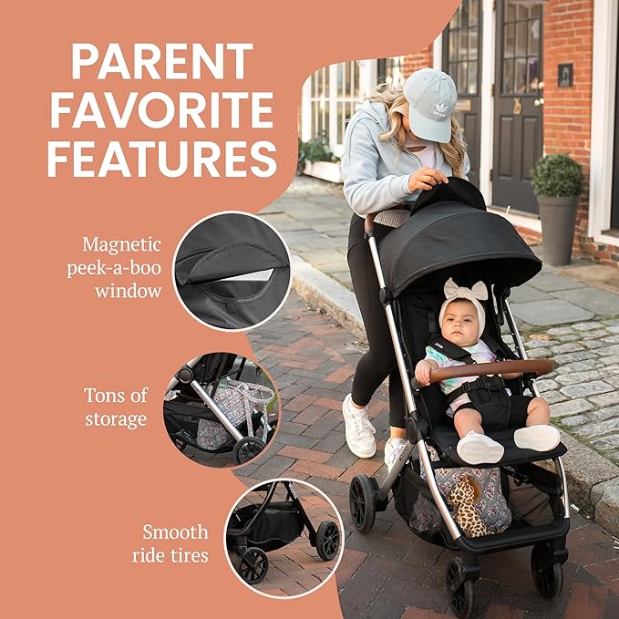 Bombi Bēbee V2 Lightweight Baby Stroller - Premium Vegan Leather, One-Hand Fold, Infinite Recline, Aircraft-Grade Aluminum Frame, XXL Canopy, and Ample Storage Umbrella Stroller - Midnight Black