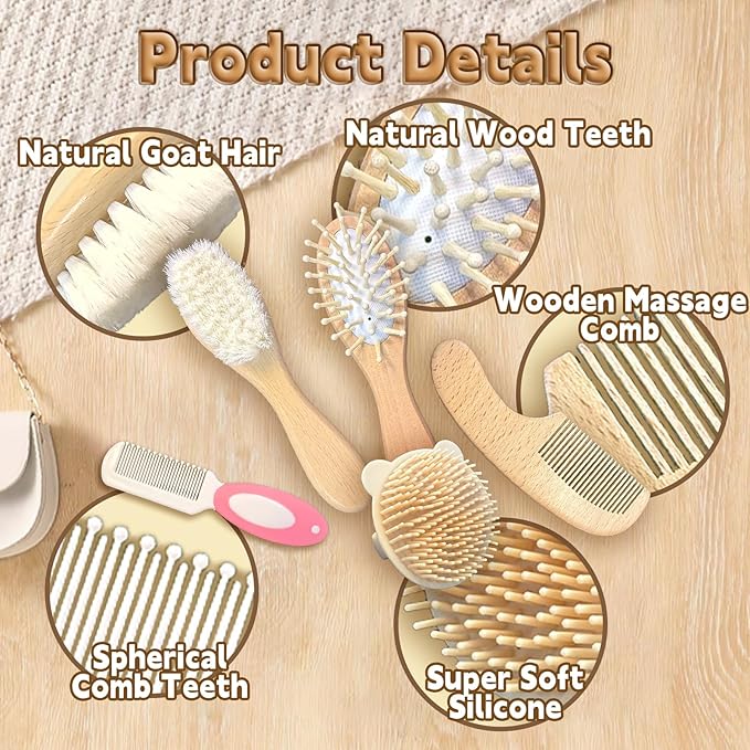 5PCS Baby Brush and Comb Set, Baby Hair Brush with Soft Goat Bristles, Cradle Cap Brush for Cradle Cap Care, Baby Care Essentials for Newborns, Toddlers, Girls and Boys