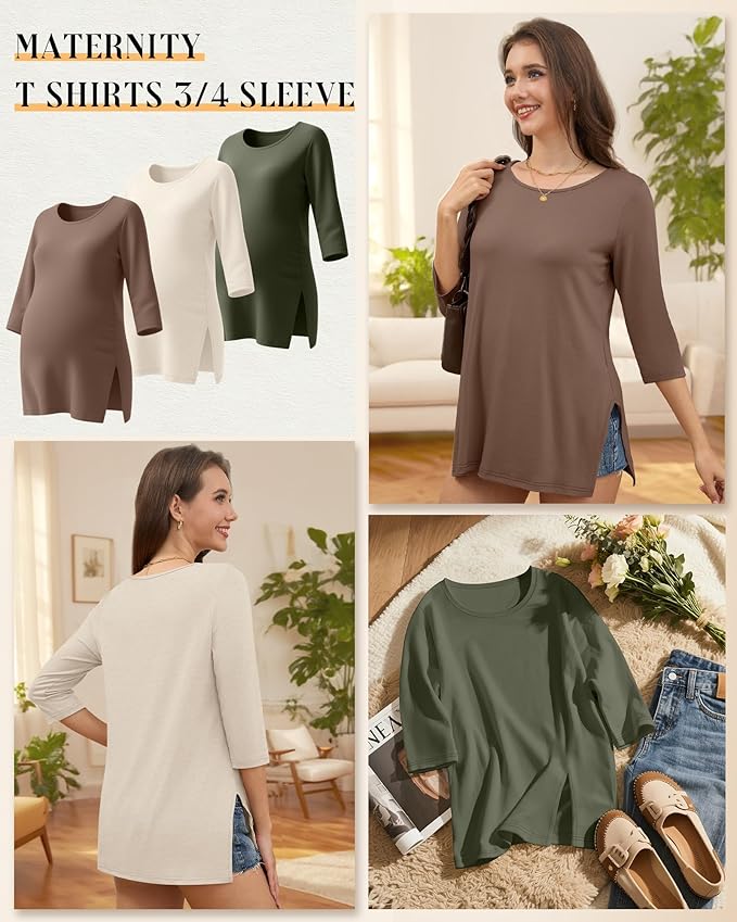 3 Pack Women's 3/4 Sleeve Maternity Shirts Elbow Length Clothes Round Neck Tunics Pregnancy Loose Side Split Tops