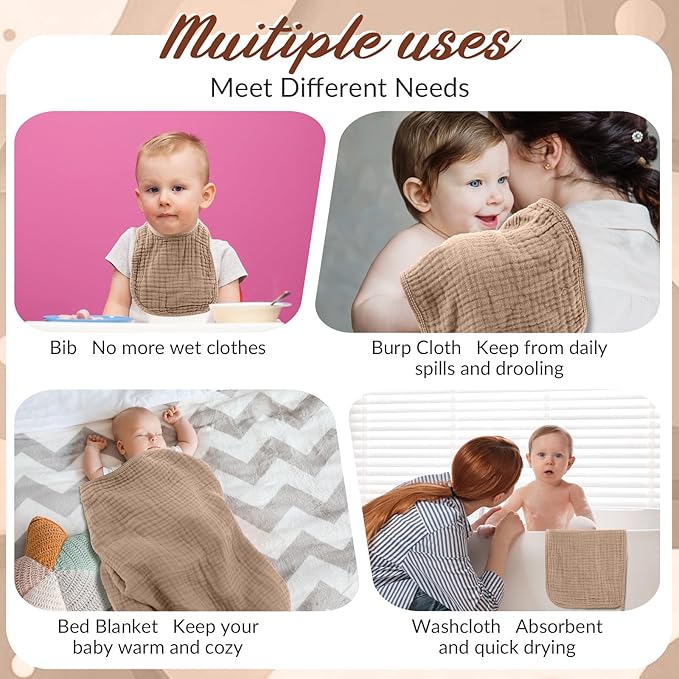 6 Pcs Muslin Hooded Bath Towels Washcloths and Bibs Set, Muslin Cotton Baby Towels Absorbent Hooded Blanket Towel Infant Bibs for Boys Girls Newborn Infant Essential(Dark Brown, Khaki)