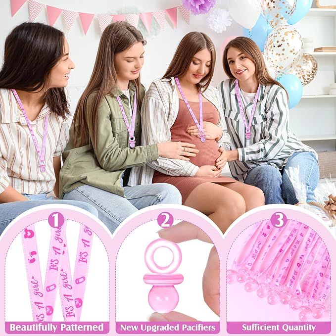 60 Pcs Baby Shower Pacifiers Necklace, Cute Acrylic Pacifier Necklaces for Chupones para Baby Shower Games Charm, Party Favors, Decorations DIY, Gender Reveal Table Scatter(Pink)