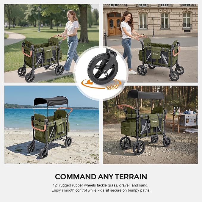 Premium 2 Seater Wagon Stroller for Kids, Foldable All-Terrain Stroller Wagon with Removable Seats, Adjustable 5-Point Safety Harness, Canopy, and Dual Handles, Green