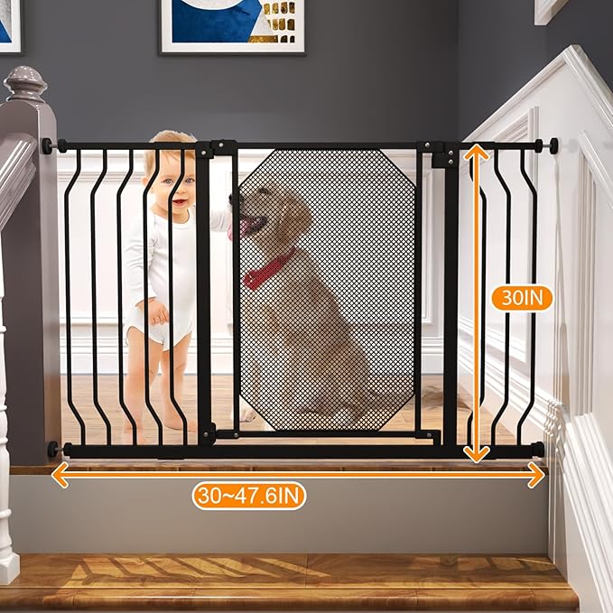 30-47.6" Baby Gate for Stairs & Doorways,Auto Close Extra Wide Dog Gate for House, Pressure-Mounted Safety Gate,with 180°Swing & Dual Lock, with Large Walk Thru Door, for Toddlers and Pets,Black