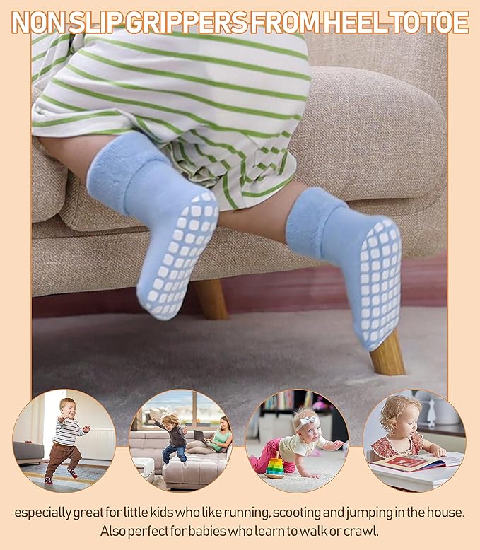 LANLEO Baby Girls Boys Non Slip Socks with Grips Toddler Kids Unisex Warm Thick Cotton Ankle Crew Socks with Grippers