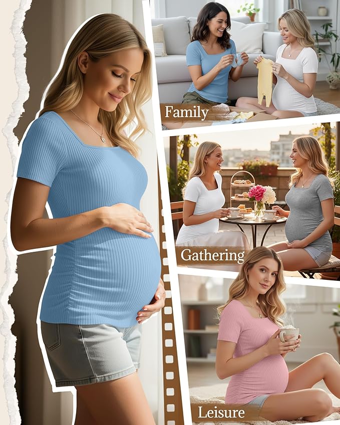 Huukeay 4 Pack Women's Maternity Shirts Cotton Ribbed Short Sleeve Square Neck Pregnancy Tops Side Ruched Summer Tee