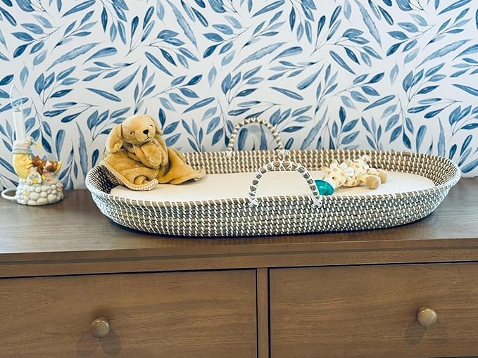 Seagrass Baby Changing Basket with Pad, Portable Diaper Topper, Hand-Woven Basket