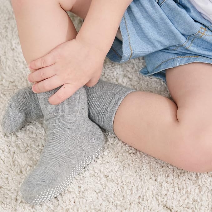 ZAPLES Baby Non Slip Grip Crew Socks with Anti Skid Soles for Infants Toddlers Kids Boys Girls