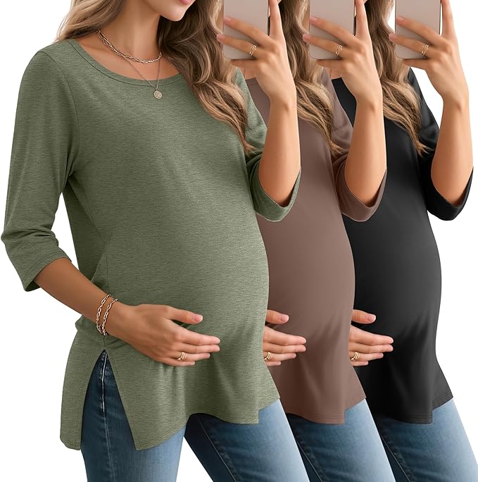3 Pack Women's 3/4 Sleeve Maternity Shirts Elbow Length Clothes Round Neck Tunics Pregnancy Loose Side Split Tops