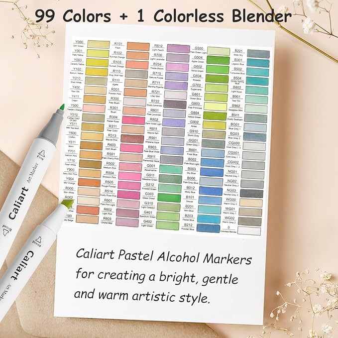 Caliart Pastel Markers, 100 Colors Dual Tip Art Markers Sketch Pens Permanent Alcohol Based, with Case for Adults Artists Drawing Illustration Sketching Coloring