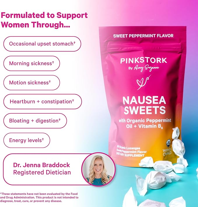Pink Stork Organic Peppermint Sweets for Morning Sickness and Motion Sickness Support, Added Vitamin B6, 1st Trimester Pregnancy Must Haves - 30 Wrapped Peppermint Candies