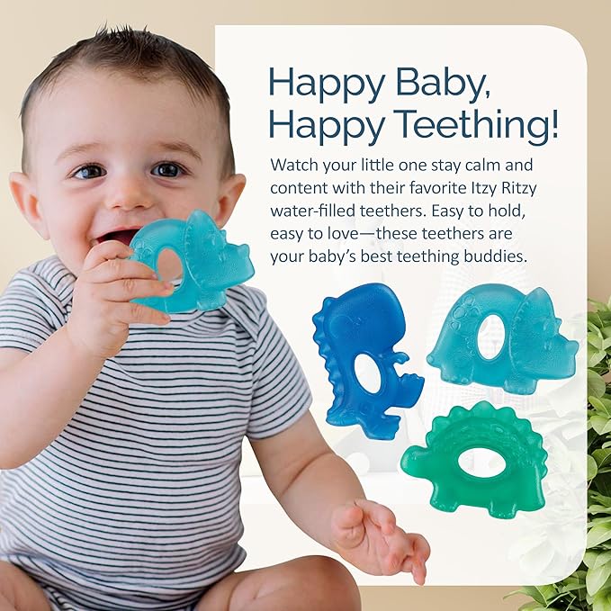 Itzy Ritzy Water-Filled Teethers - Cold Cutie Coolers Textured On Both Sides to Massage Sore Gums & Emerging Teeth - Can Be Chilled in Refrigerator, Set of 3 Coordinating Dinosaur Water Teethers