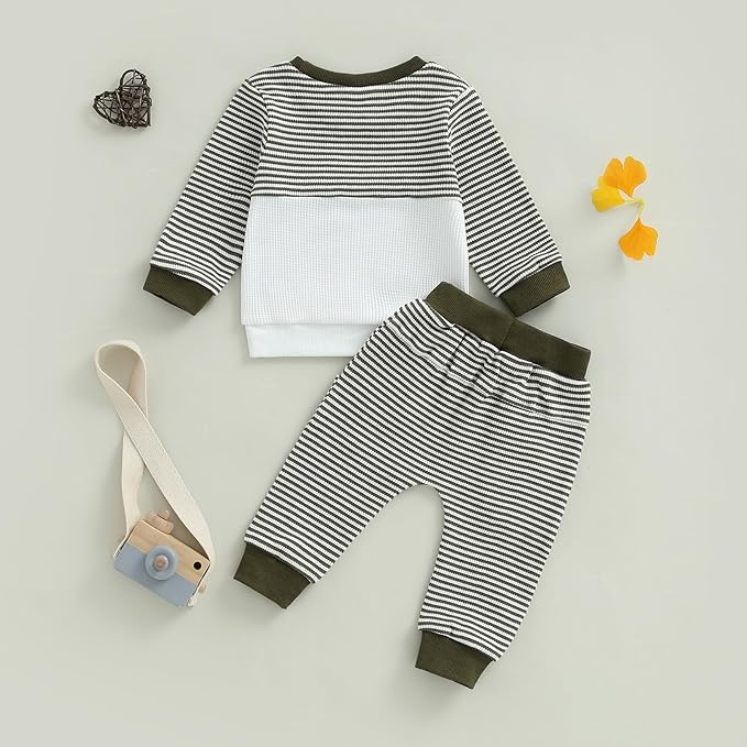 Toddler Baby Boy Fall Outfit Long Sleeve Crew Neck Contrast Color Sweatshirt Top Pant Cute Newborn Infant Waffle Clothes