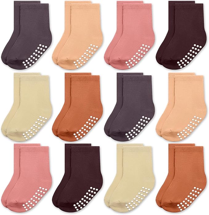 JAKIDAR 12 Pack Baby Toddler Socks Non Slip Grip Cotton Crew Socks for Boys Girls Infants Kids