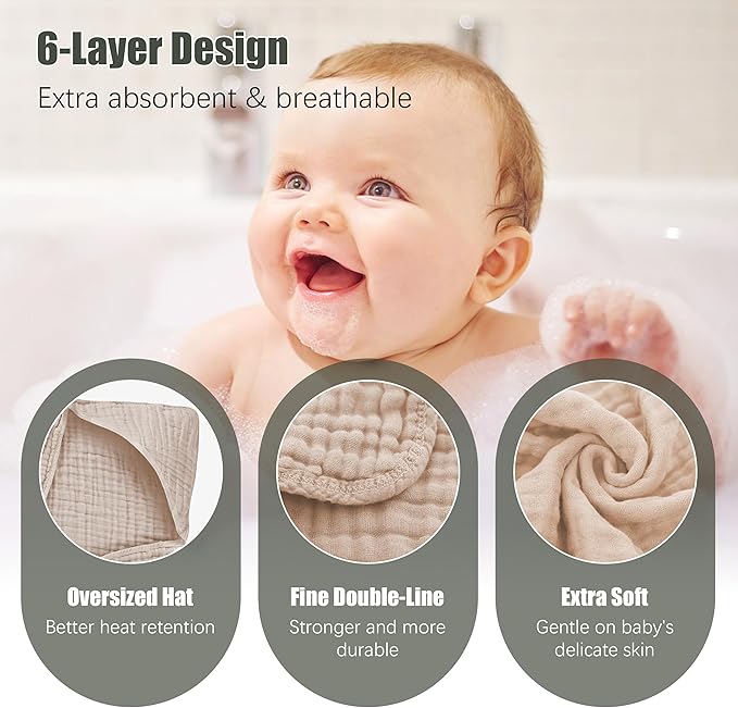 2 Pack Hooded Baby Towels - 100% Muslin Cotton for Newborns, Infants, Toddlers - Large 32x32Inch Size - Highly Absorbent and Essential for Newborn Care, White and Brown