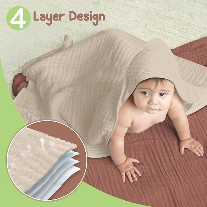 100% Organic Cotton Muslin Baby Hooded Towels 32x32 Inch – 2 Pack Soft & Absorbent Newborn Bath Towels for Boys & Girls, Premium Hooded Towels, Ultra-Gentle Baby Essentials in Rust/Ivory
