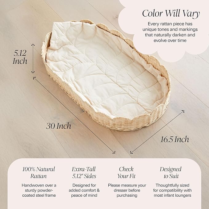 Bebe Bask Premium Baby Changing Basket - Artisan-Crafted Scalloped Rattan - Changing Basket for Baby Dresser - All Accessories Included - Complete Set for Nursery (Natural) | Premium, Artisan-Crafted, Changing Basket, Baby Dresser, Complete Set